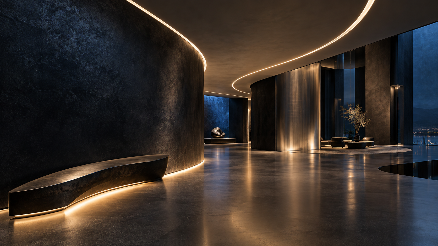 Conceptual architectural interior with curved dark walls and warm integrated linear lighting