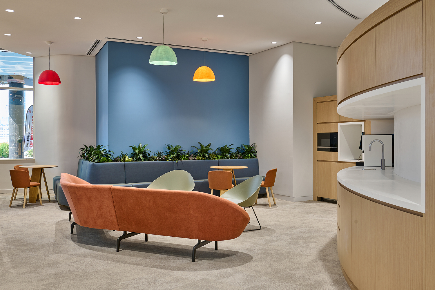 Colourful pendant lighting in a De Montfort University communal space